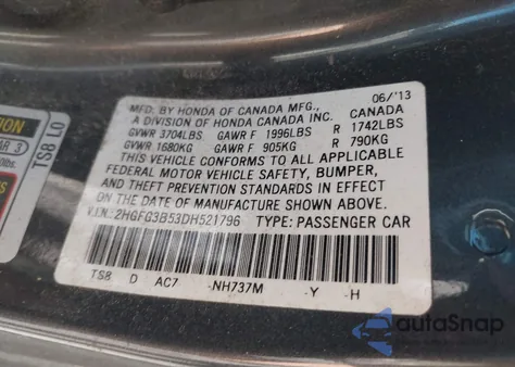 2013 Honda Civic Lx z USA, uszkodzony, nr VIN 2HGFG3B53DH521796